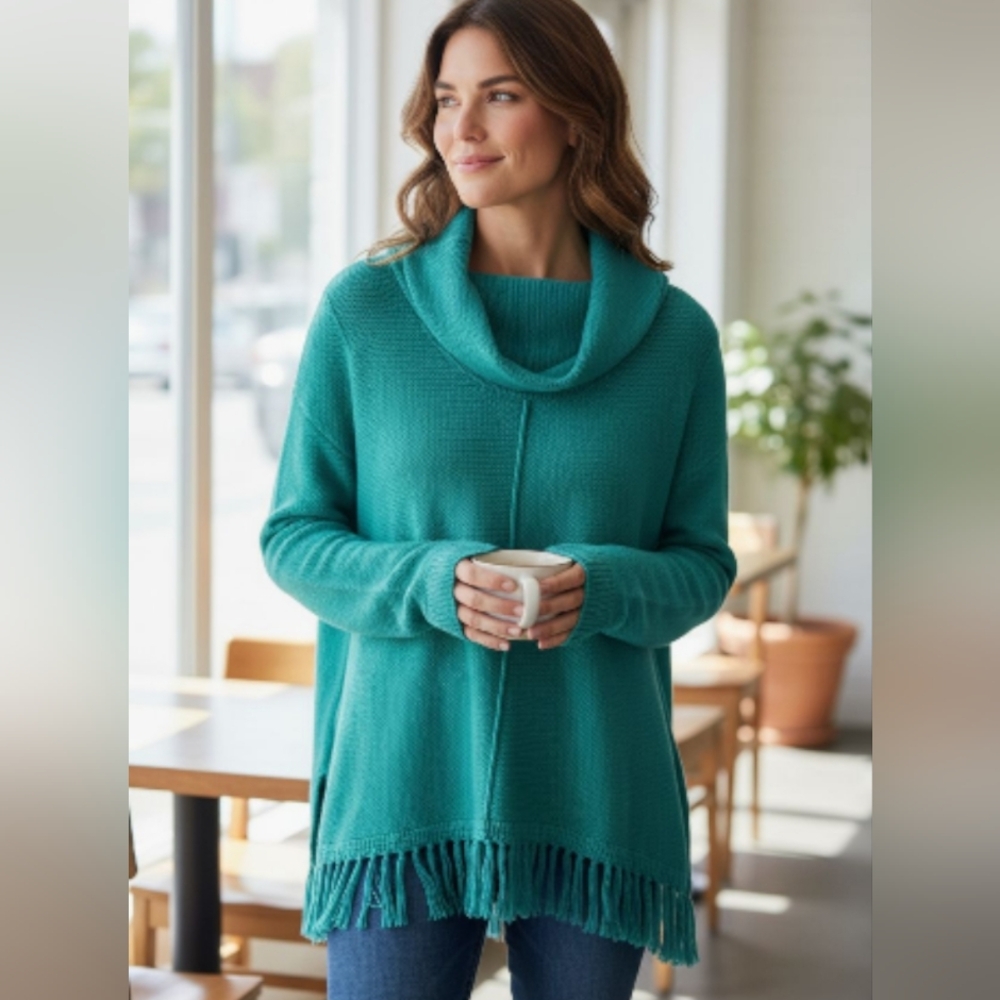 Elegant Green Tassel Cowl Neck Cotton Long Sweater Size Medium/Large